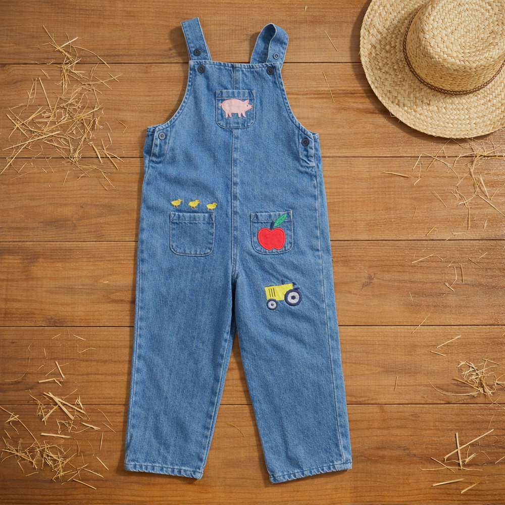 Baby Boden Denim Farmyard Appliqué Overalls Size 3-4Y 104cm